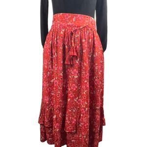 Band of the Free Ninette Crimson Floral Maxi Skirt Size Medium Ruffled Tiers NEW